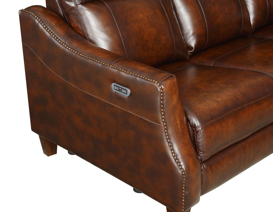 Steve Silver Akari Leather Dual Power Reclining Sofa w/ Dropdown Console in English Chestnut