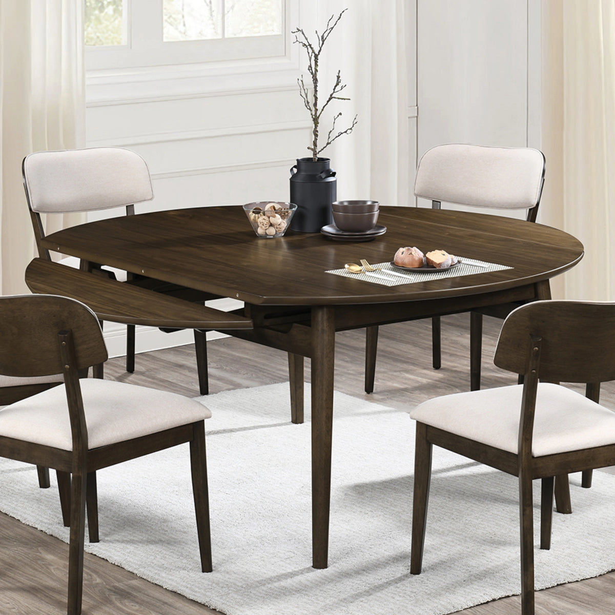 Rex 65" Round Table With Self Storing Leaves-Walnut
